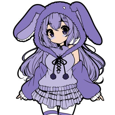 pretty anime girl wearing a fluffy hoodie with bunny ears on the hood and a skirt