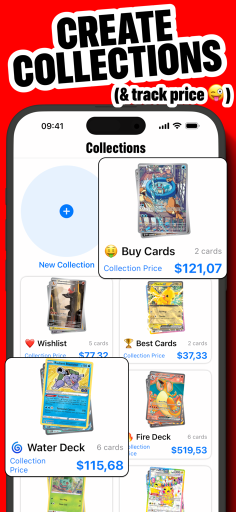 MyDex TCG Cards - MyDex app screen showing custom Pokemon TCG collections with real-time price tracking for decks and wishlists