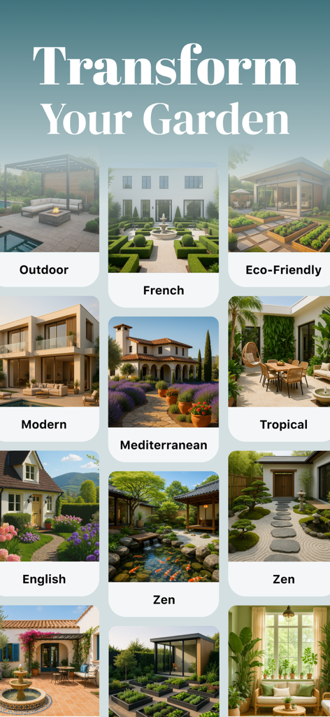 AI Garden Design: Makeover - Vetrina di vari stili di design del giardino generati dall'IA, tra cui francese, mediterraneo e Zen.