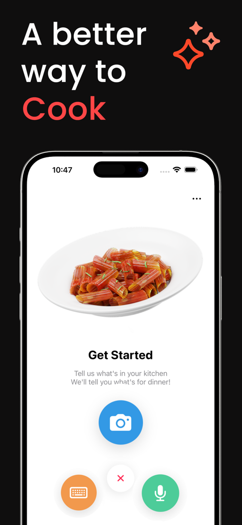 AI Recipe - Cooking Ideas - AIレシピアプリのホーム画面。パスタの皿と、食材スキャンと音声入力のボタンが表示されています。
