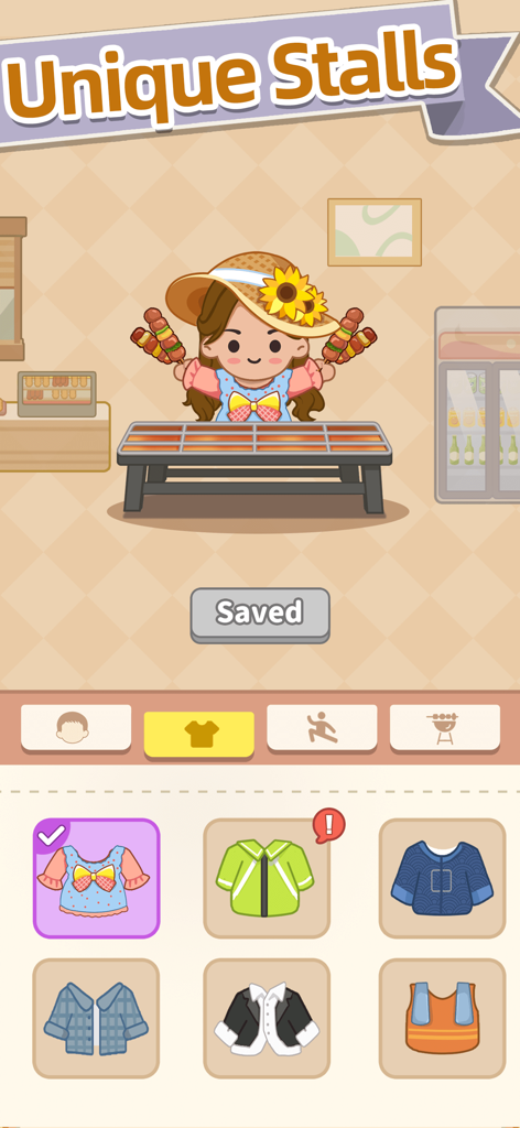 Skewer Time - Character customization screen in Skewer Time showing a shop owner holding skewers and a menu of different outfit options