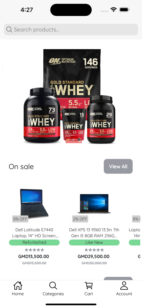 BiiT - Interface de l'application d'achat mobile BiiT affichant des produits en vedette comme des protéines de lactosérum et des ordinateurs portables en promotion en Dalasi gambien.