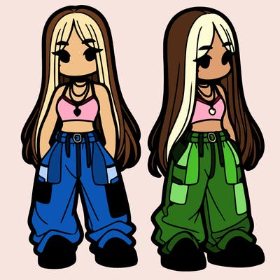 girl in baggy pants crop top and long hair