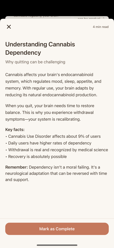 Quit Weed Tracker - Unfogged - Bildungsartikel über Cannabissucht und das Endocannabinoid-System innerhalb der Unfogged App.