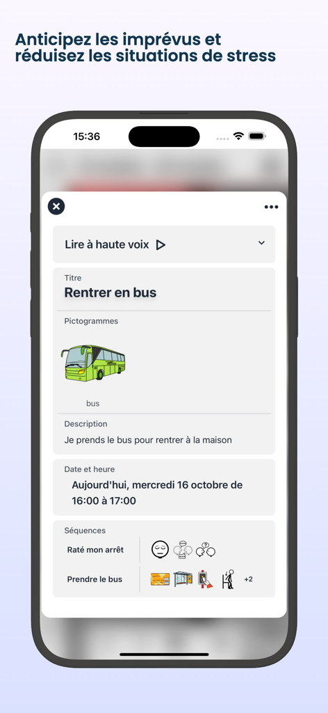 Pictalk Buddy: Autism Routine - Un smartphone que muestra el horario visual de la aplicación Pictalk Buddy para tomar el autobús con pictogramas y opciones de audio.