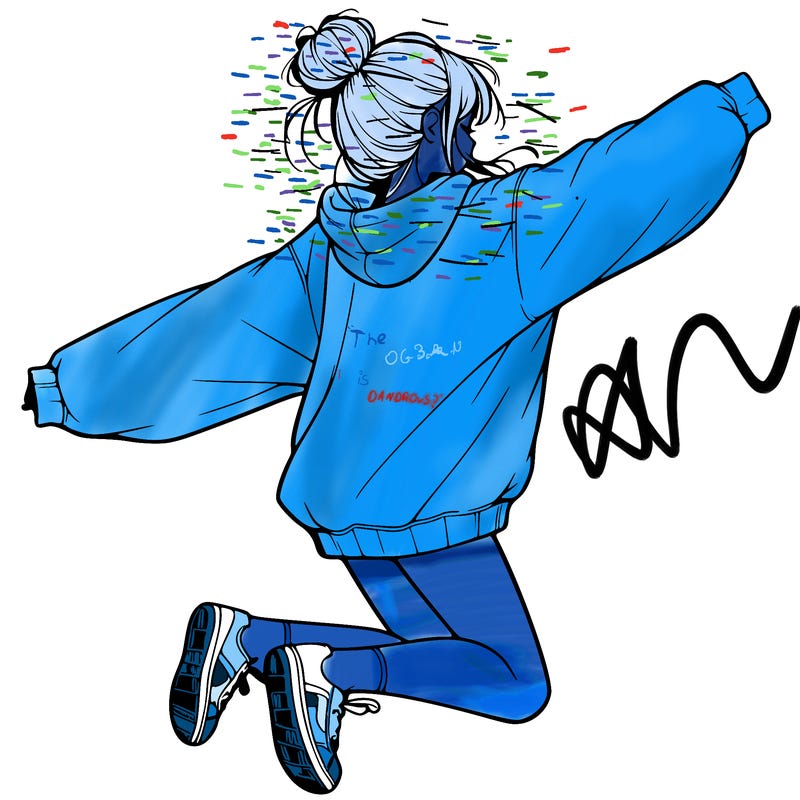 realistic girl jumping with a bun and oversized sweatshirt