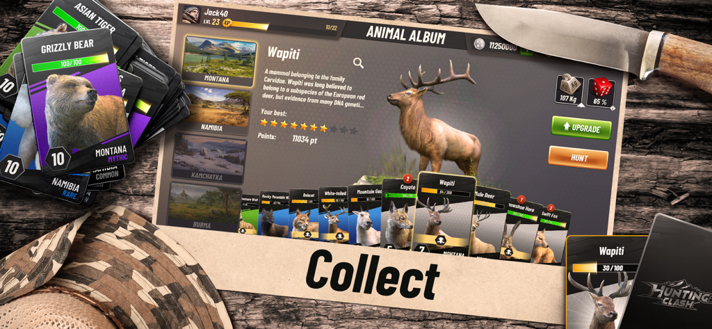 Hunting Clash: Sniper Game - Écran d'album d'animaux dans Hunting Clash montrant une collection de cartes d'animaux comprenant des ours grizzlis et des wapitis