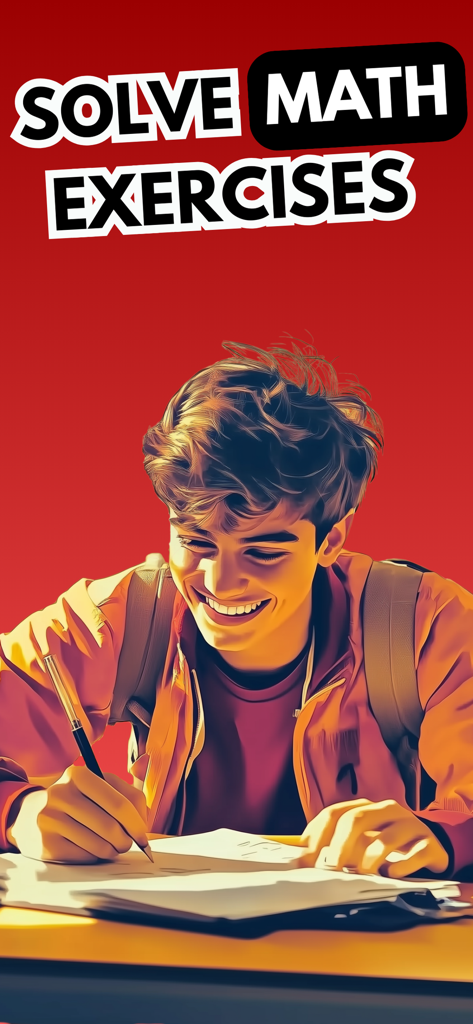 Math Master Arithmetic Algebra - Una estudiante sonriente resolviendo ejercicios de matemáticas sobre un fondo rojo