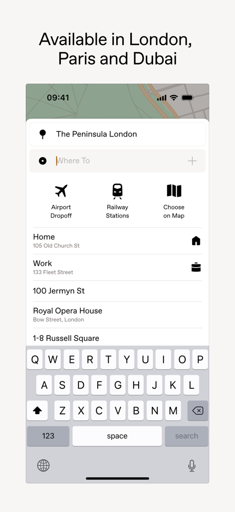Wheely app interface for destination search and chauffeur booking