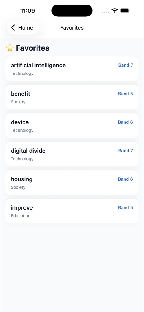 Favorites screen of the IELTS Vocabulary Offline app showing a list of saved academic words with their categories and band levels