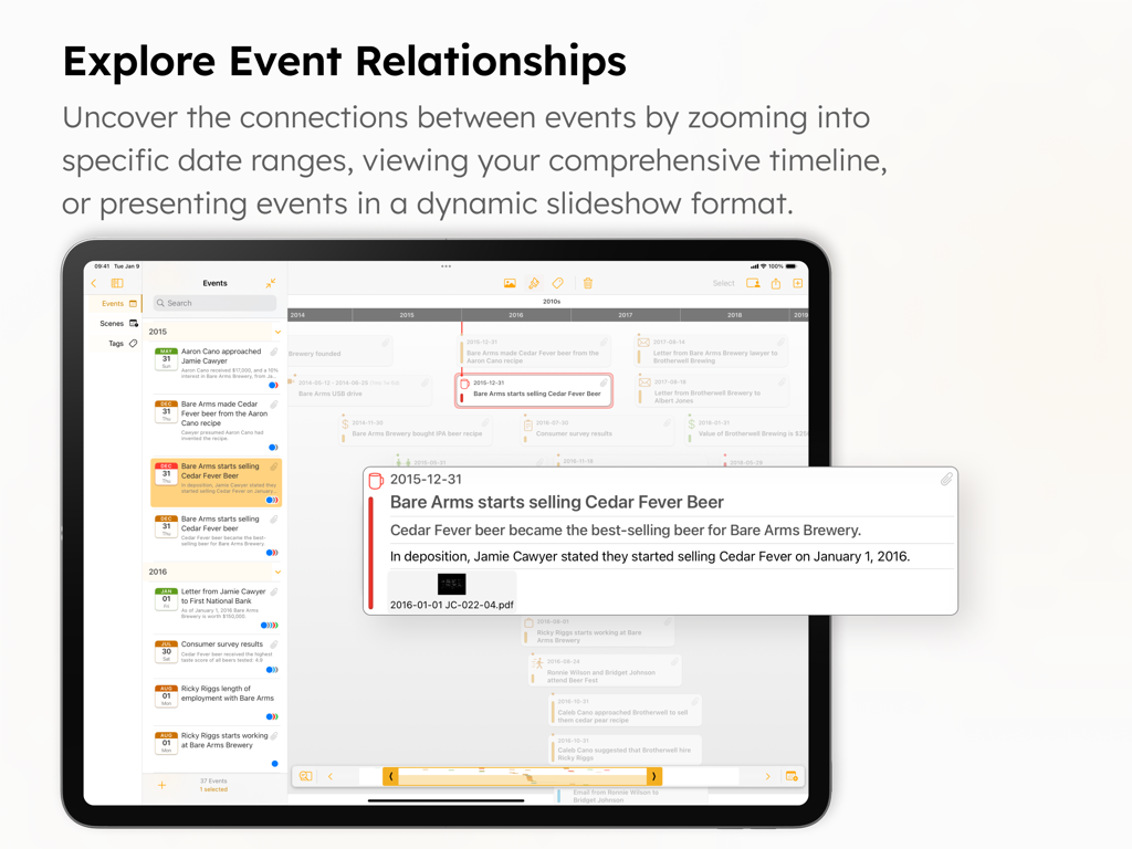 TimelinePad - Create Timelines - TimelinePad app interface on an iPad showing a legal case timeline with detailed event descriptions and chronological relationships.