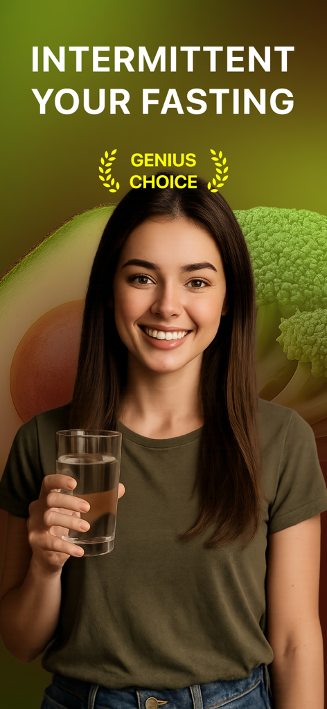 Eine lächelnde Frau mit einem Glas Wasser und gesundem Gemüse im Hintergrund, die die FastCycle-App bewirbt