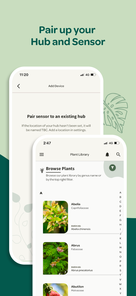 Plant with Willow - Plant with Willow app screens showing sensor pairing setup and an alphabetical plant library guide