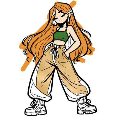 girl in baggy pants crop top and long hair