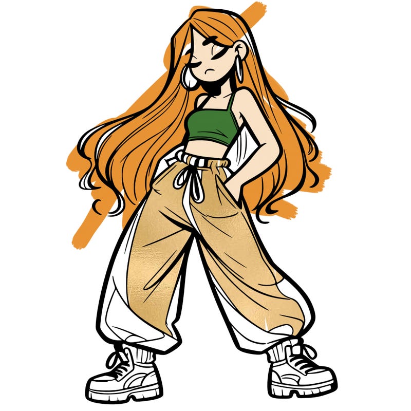 girl in baggy pants crop top and long hair