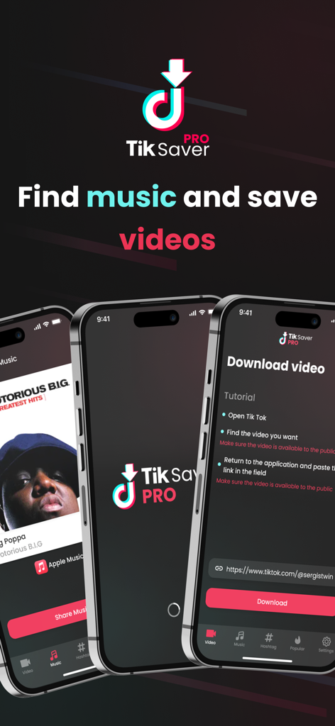 Tik Saver Pro app interface showing video downloading and music discovery features on iPhone