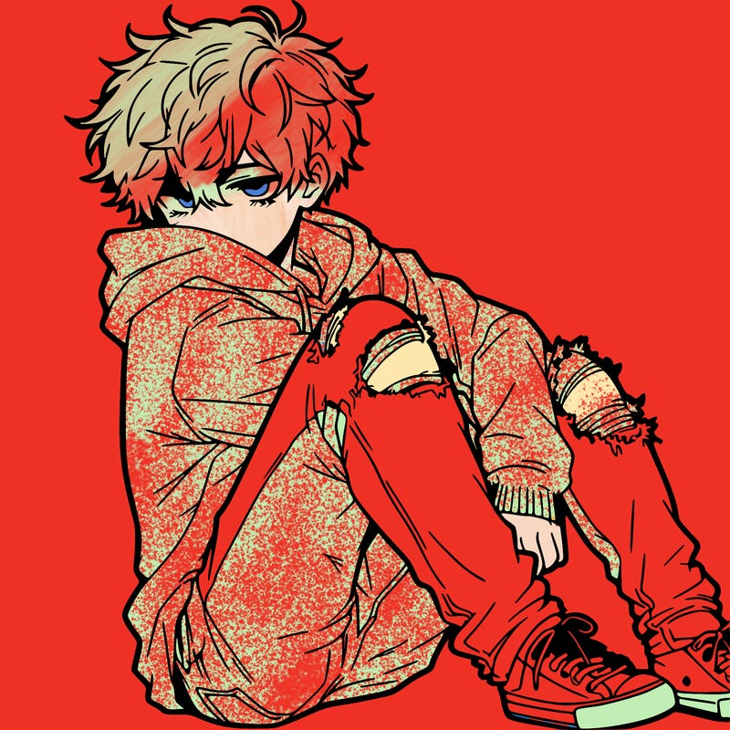 a male hoddie ripped jeans messy hair anime