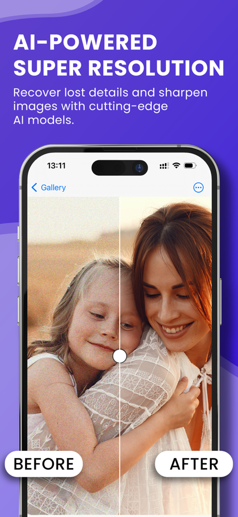 SuperScale AIを使用して、ザラザラした状態から高解像度へと改善された家族のポートレートの、ビフォーアフター比較