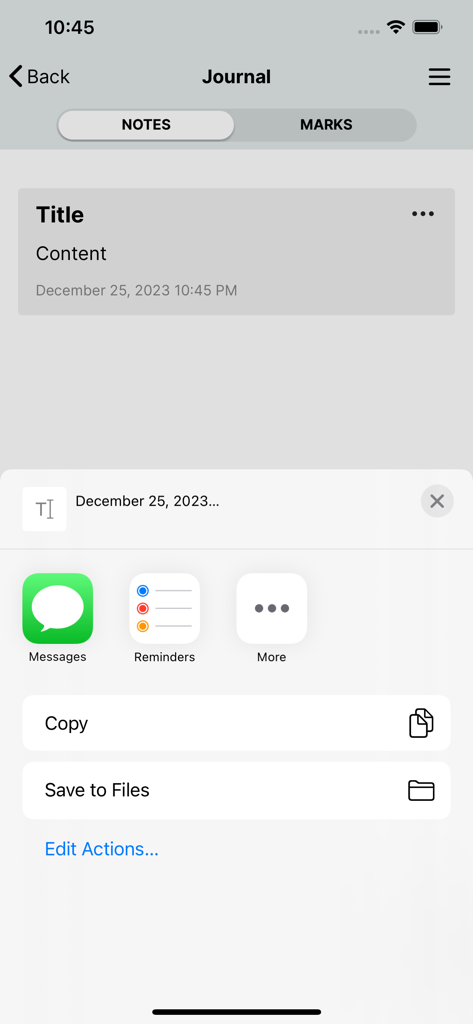 Digital Bible - The Journal section of the Digital Bible app showing a note and an iOS share menu with options to copy or message.