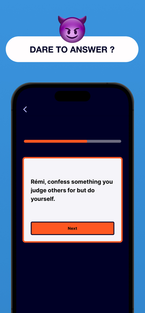 Interfaccia dell'app Truth or Truth che mostra una domanda di confessione personalizzata su uno schermo di cellulare