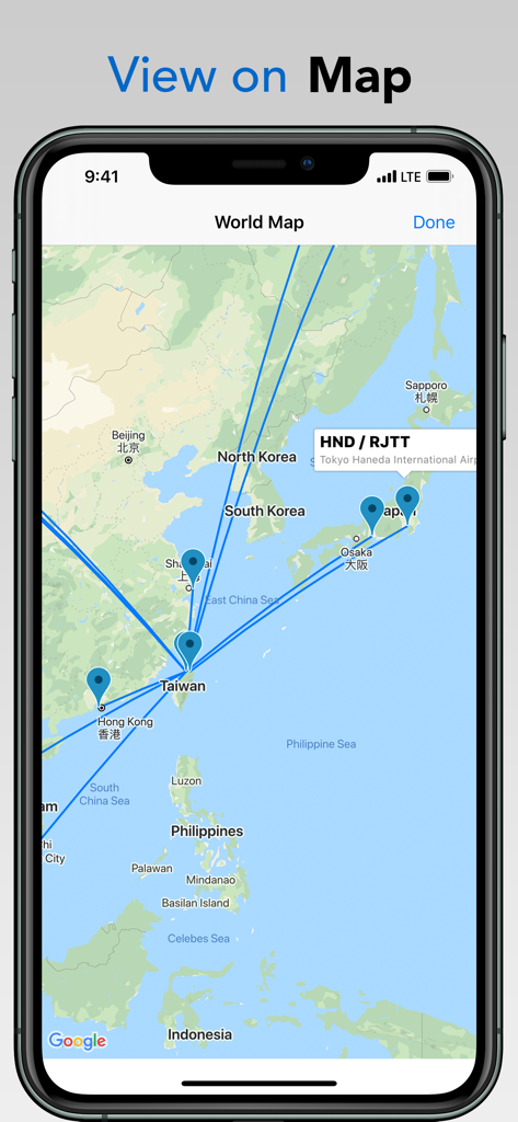 Captain Logbook - Eine Weltkarte, die aufgezeichnete Flugrouten und Flughafenstandorte in Captain Logbook anzeigt
