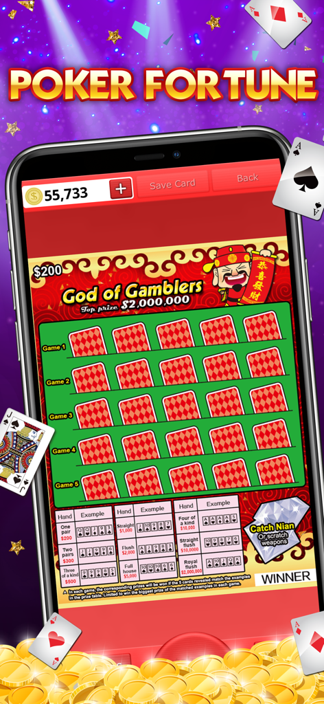 A mobile game screen showing a virtual poker scratch-off ticket titled God of Gamblers with various poker hands and prizes