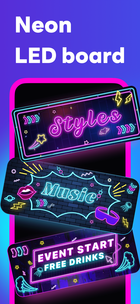 Ejemplos de carteles LED de neón coloridos con texto que incluye Estilos, Música y Inicio de Evento Bebidas Gratis