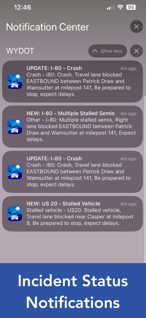 Wyoming Road Conditions - Mobile screen showing real-time WYDOT traffic incident notifications for crashes and stalled vehicles on Wyoming roads