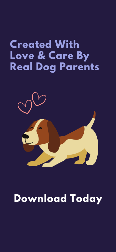 Relax My Dog : Calmly - A cartoon of a happy brown and white dog with pink hearts and text stating the app was created by real dog parents.