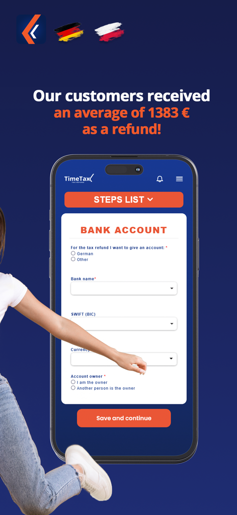 Ein Smartphone-Bildschirm, der die Bankverbindungsformulare der TimeTax-App für internationale Steuererklärungen anzeigt.