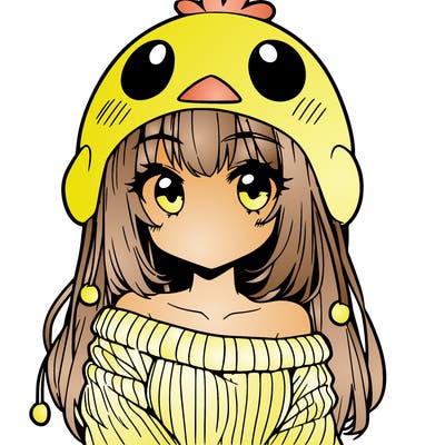 anime girl with chick shaped hat with sweater with bare shoulders with bangs covering them one eye with low tail