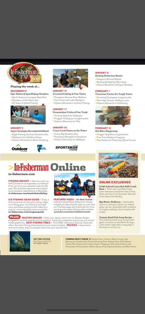 A page from the In-Fisherman Magazine app featuring TV episode schedules, online fishing guides, and lure reviews.