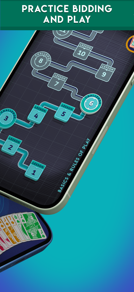 Interface of the Tricky Bridge app displaying a structured learning path with lessons and challenges for practice