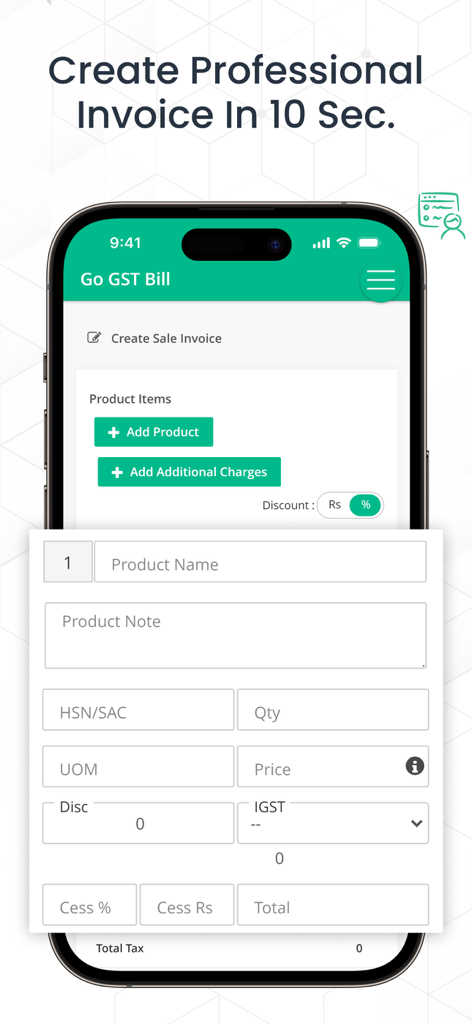 Go GST Bill - A mobile screen showing the Create Sale Invoice interface for the Go GST Bill app.