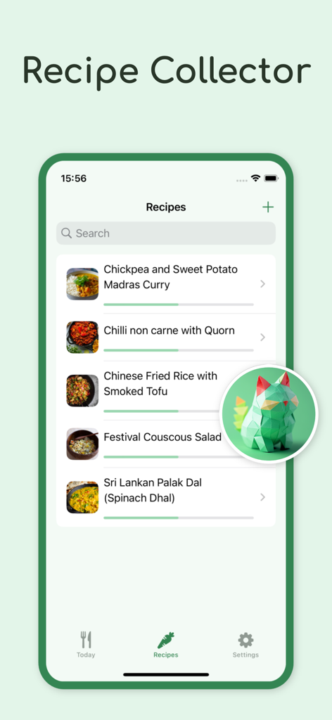 AI Meal planner: Easy Recipes - The Recipe Collector screen of the AI Meal Planner app showing a list of saved recipes like curry and fried rice