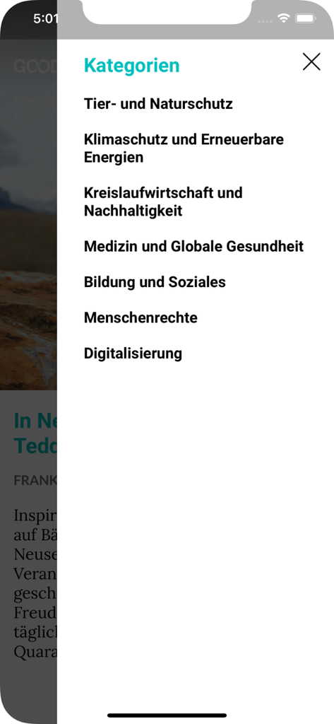 Good News App - A list of news categories in the Good News App including environment climate and human rights