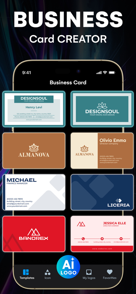 Uma variedade de modelos profissionais de cartões de visita exibidos em um telefone celular dentro do aplicativo Criador de Logos.