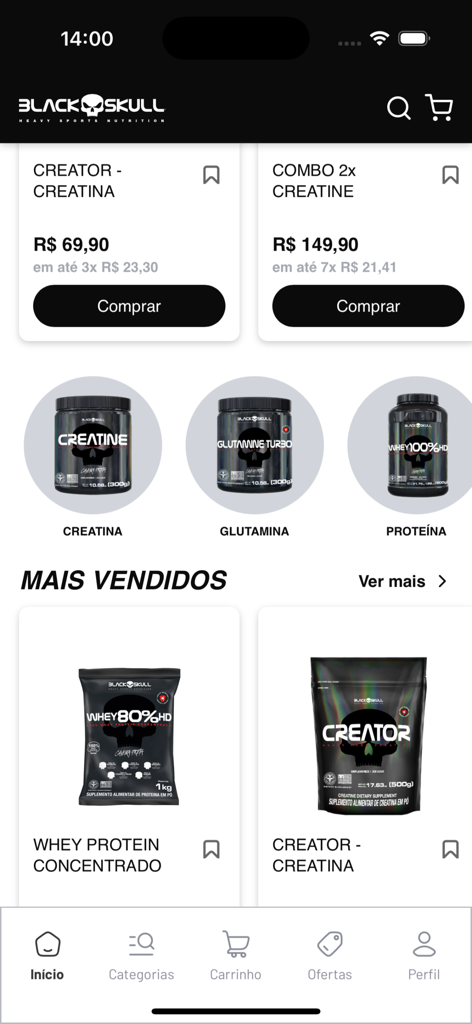 Black Skull USA app home screen displaying creatine glutamine and whey protein supplements
