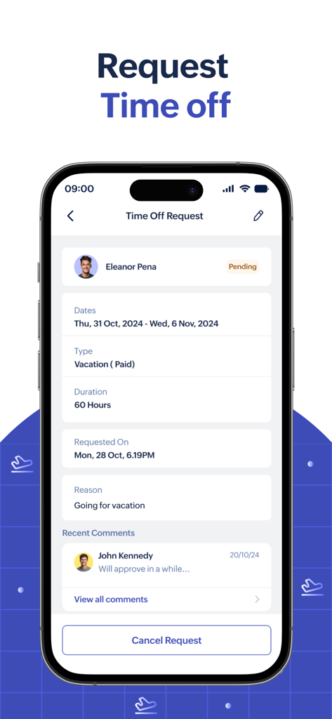 Mobile interface of Zoho Shifts showing a pending time off request for a paid vacation