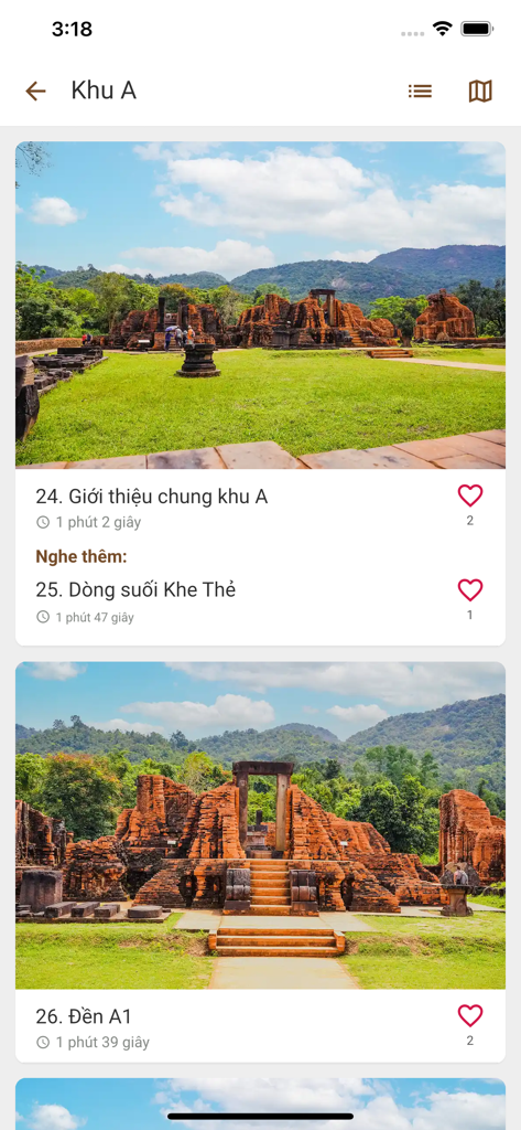 미선 유적 여행 앱 내 A 지역의 역사적인 사원 폐허 목록