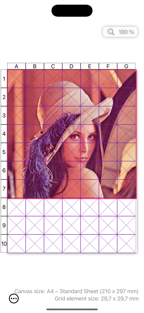 Drawing Grid - Drawing grid app displaying a portrait with a purple coordinate grid for artistic proportions