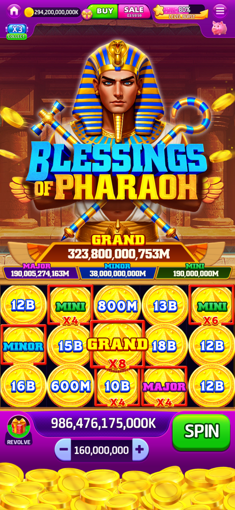 Jackpot Saga - Slots Casino - Écran de machine à sous sur le thème des Bénédictions du Pharaon dans Jackpot Saga