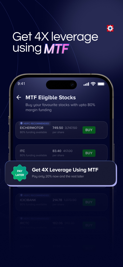 HDFC Securities InvestRight app screen showing 4X leverage for margin trading funding on Indian stocks