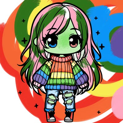 chibi girl with ripped jeans,long hair, and an oversized sweater