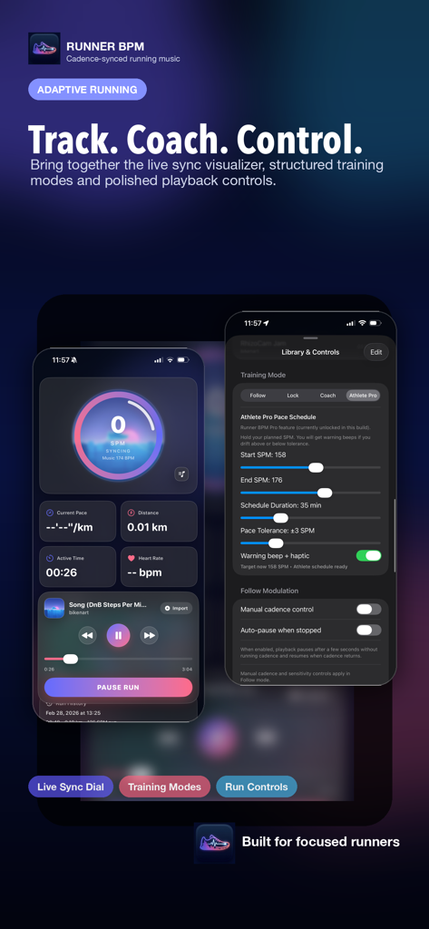 Runner BPM - Interface of Runner BPM app showing the live sync dial and athlete pro training mode settings.