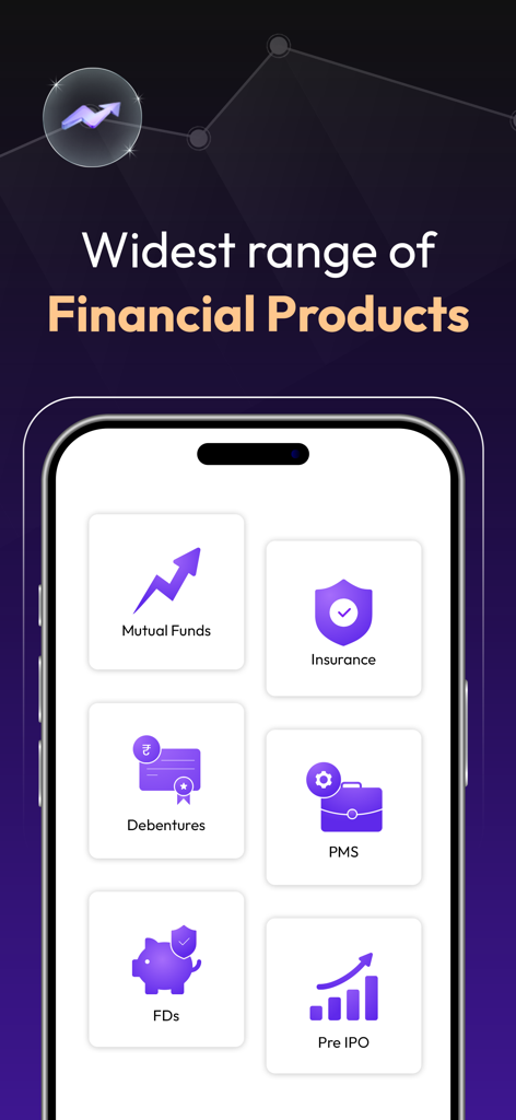 Wealthy Partner - MFDs & IFAs - Wealthy Partner app interface showing a wide range of financial products including Mutual Funds Insurance and Pre IPO