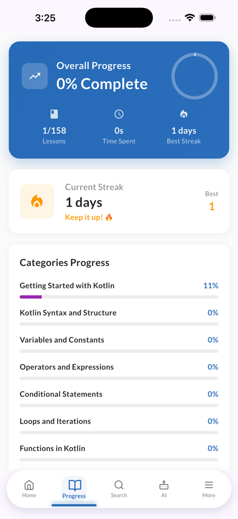Learn Kotlin Coding With AI - Um painel mostrando o progresso de um usuário no aprendizado de codificação Kotlin, incluindo conclusão de lições e sequências de aprendizado atuais.