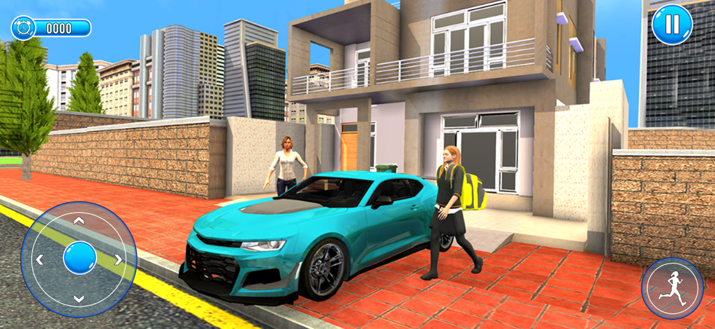 Happy Family Life: Mother Sim - Una escena de simulación 3D con una madre, una niña en edad escolar con mochila y un coche deportivo azul frente a una casa suburbana.