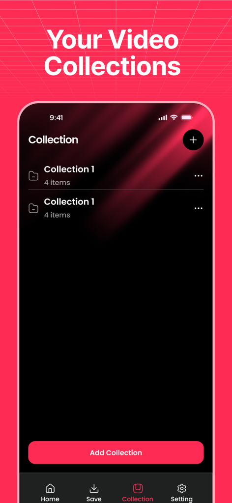 TikSave : Save videos - TikSave app interface showing the video collections management screen with folders for organizing saved content