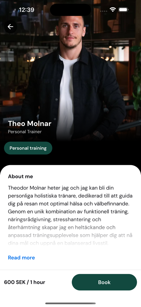 Sakura - Digital Health Care - Personal trainer profile screen in the Sakura health app featuring coach Theo Molnar and a booking button